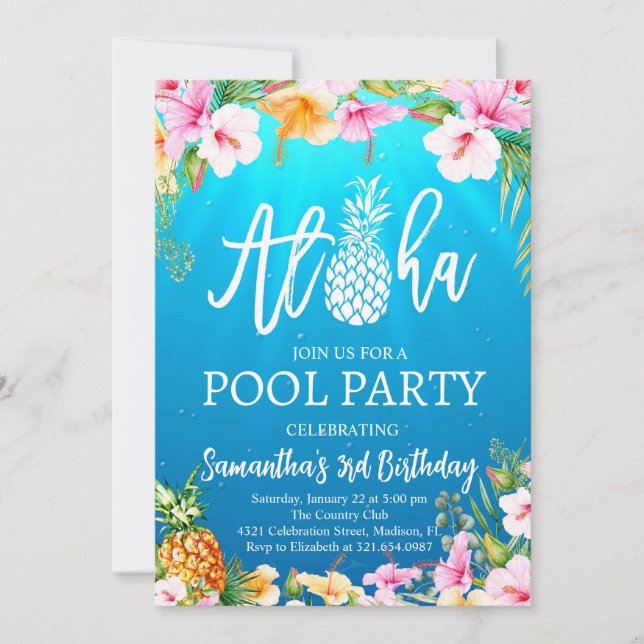 Aloha Bassäng Party födelsedagsinbjudan Inbjudningar (Framsida)
