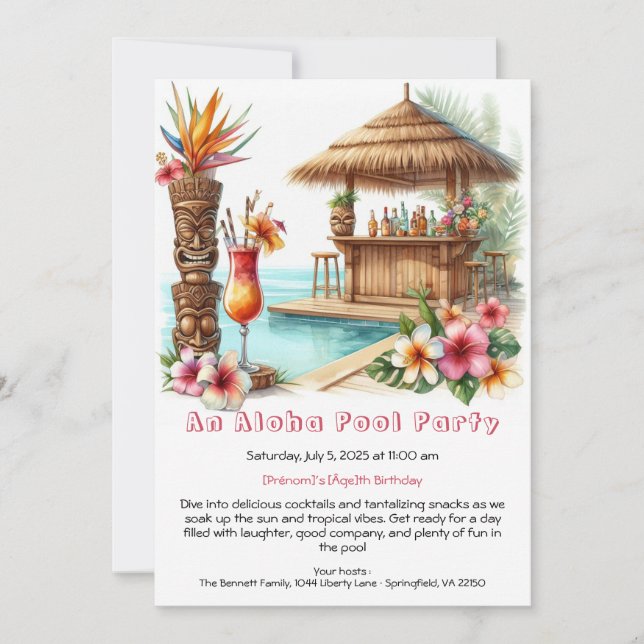Aloha Bassäng Party födelsedagsinbjudan - Tropiskt Inbjudningar (Framsida)