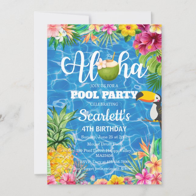 Aloha bassäng party Hawaii-födelsedagsinbjudan Inbjudningar (Framsida)