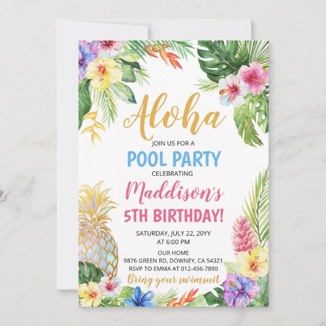 Aloha Bassäng Party Tropical Pineapple Birthday Inbjudningar (Framsida)