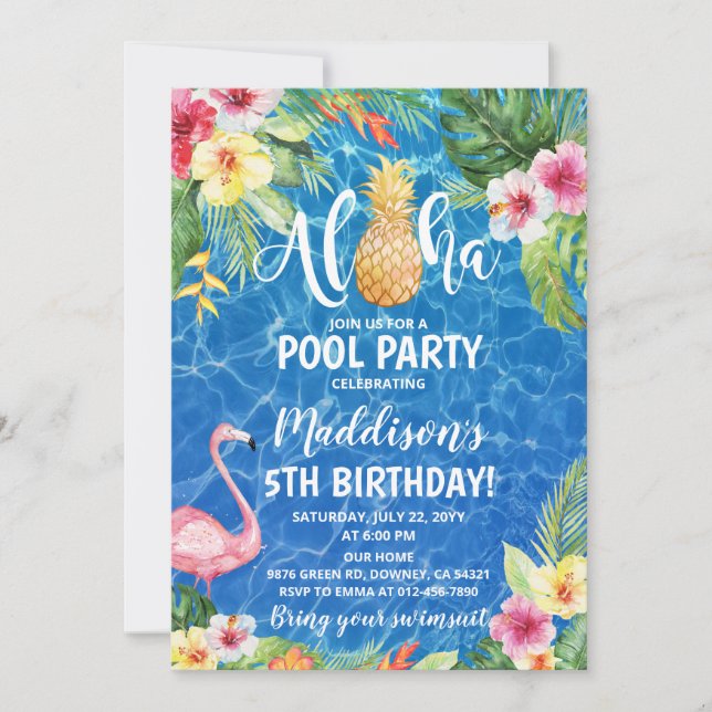 Aloha Bassäng Party Tropical Pineapple Birthday Inbjudningar (Framsida)