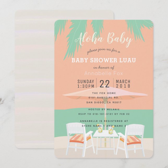 Aloha Beach Coral Rosa Baby Shower-inbjudan Inbjudningar (Fram/baksida)