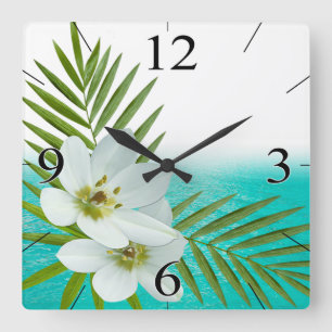 Aloha Beach Tropical Flowers Fyrkantig Klocka