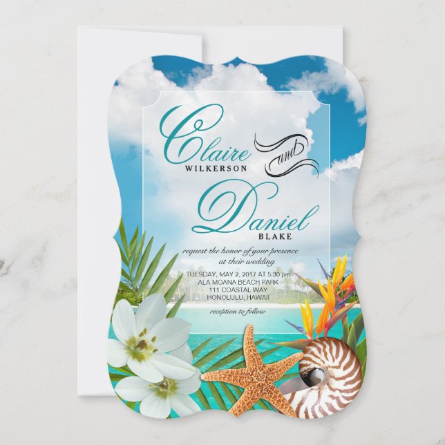 Aloha Beach Wedding Plumeria Frangipani Nautilus Inbjudningar (Framsida)