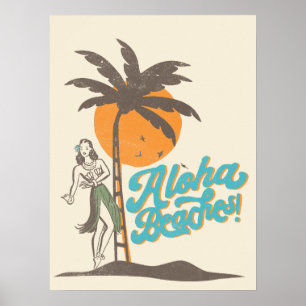 Aloha Beacher Hula Girl Hawaii Hawaiian Retro Poster