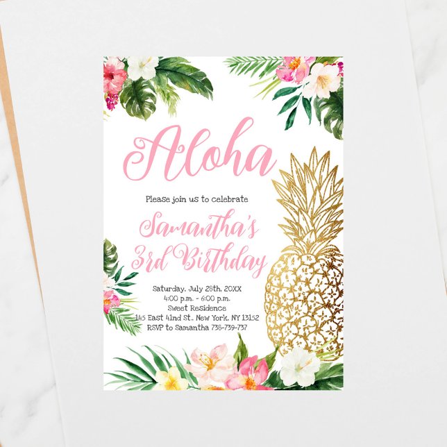 Aloha Birthday Luau Hawaiian Guld Pineapple Inbjudningar (Skapare uppladdad)
