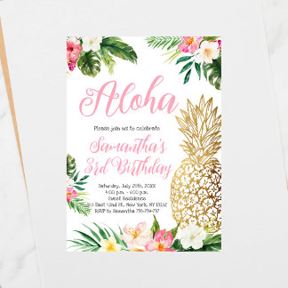 Aloha Birthday Luau Hawaiian Guld Pineapple Inbjudningar