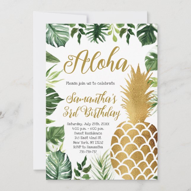 Aloha Birthday Luau Hawaiian Guld Pineapple Party Inbjudningar (Framsida)