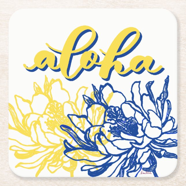 Aloha Blå Gula Cereus Blomster Underlägg Papper Kvadrat (Framsidan)