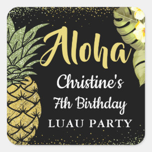 Aloha Black Guld Glitter Pineapple Blommigt Birthd Fyrkantigt Klistermärke