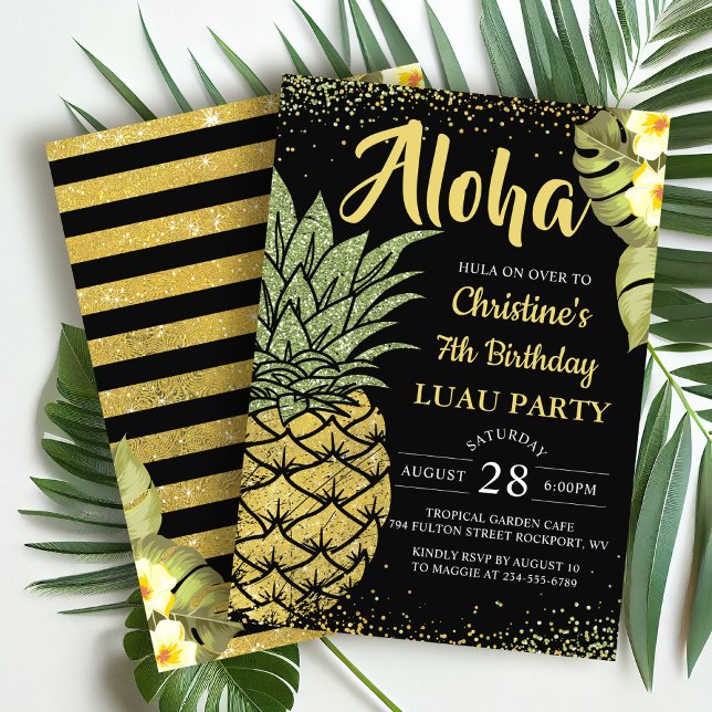 Aloha Black Guld Tropical Pineapple Birthday Inbjudningar (Skapare uppladdad)