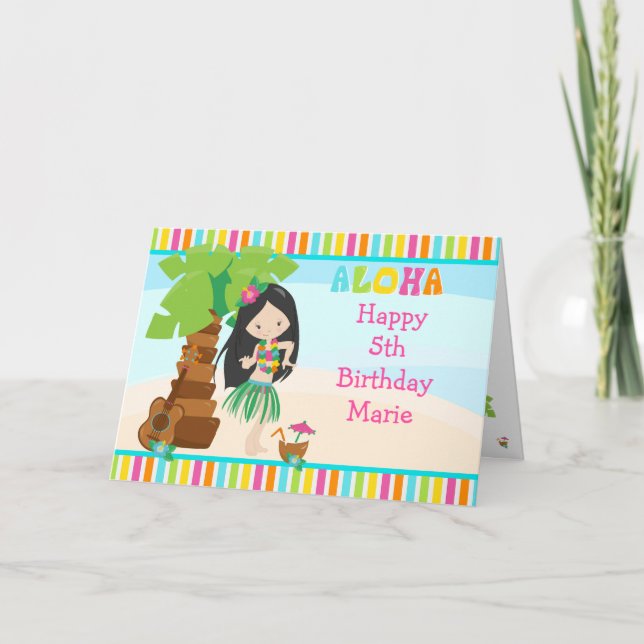Aloha Black Hair Girl Birthday Kort (Framsida)