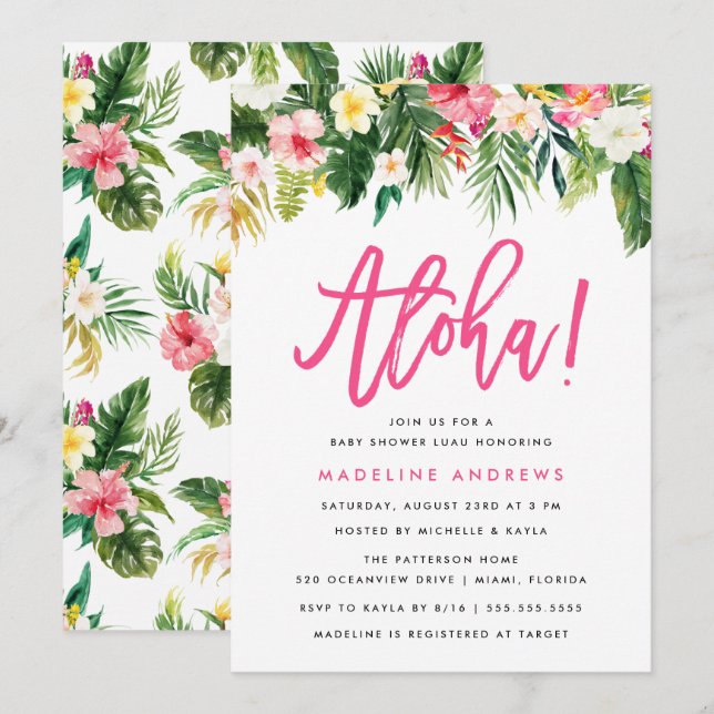 Aloha Blommig | Tropisk Baby Shower Inbjudan (Fram/baksida)