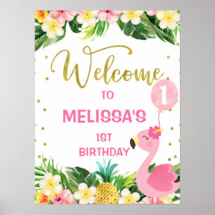 Aloha Blommigt Foliage Flamingo 1:a födelsedag Väl Poster