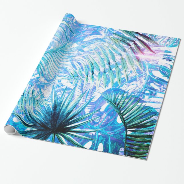 Aloha- BlueTropical Handflatan och Monstera Garden Presentpapper (Utrullad)