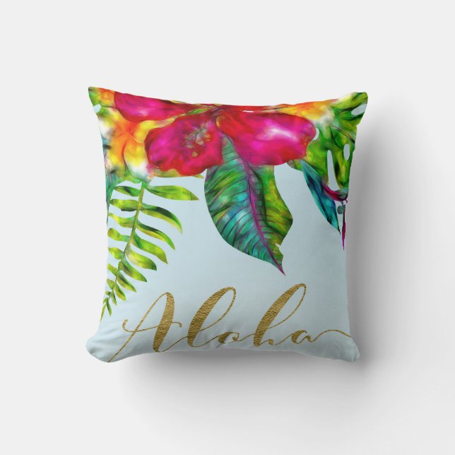 Aloha Bright Electric Pop Tropical Blommigt Kudde (Framsida)
