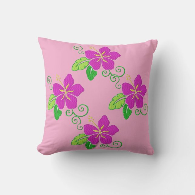 Aloha Broderad Look Rosa Hawaiiansk Blomma   Kudde (Framsida)