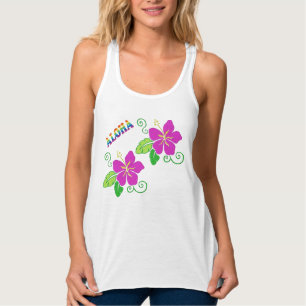 Aloha Broderad Look Rosa Hawaiianskt Blomster Tank Linne Med Racerback