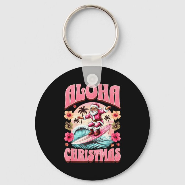 Aloha Christmas Santa Claus Surfing Hawaiian Mele  Nyckelring (Framsida)