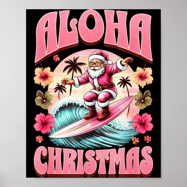 Aloha Christmas Santa Claus Surfing Hawaiian Mele  Poster (Framsidan)
