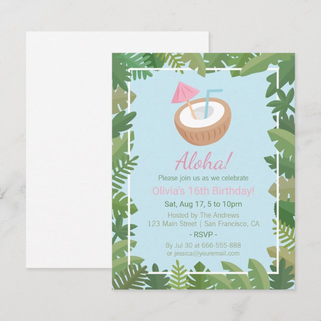 Aloha Coconut Tropical Löv Födelsedagsfest Inbjudningar (Fram/baksida)