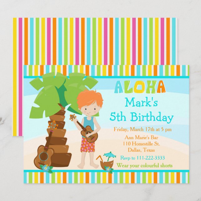 Aloha Cute Red Hearing Boy Födelsedagsfest Inbjudningar (Fram/baksida)