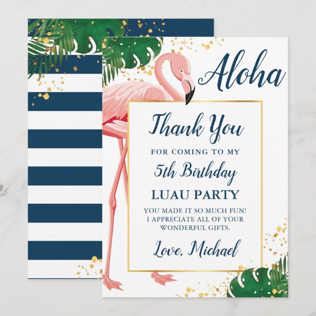 Aloha Flamingo Blå Guld Tropisk Födelsedag Tack Kort (Fram/baksida)