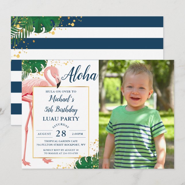 Aloha Flamingo Blue Guld Tropical Birthday Photo Inbjudningar (Fram/baksida)