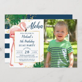 Aloha Flamingo Blue Guld Tropical Birthday Photo Inbjudningar