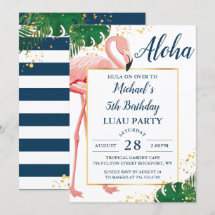 Aloha Flamingo Blue Guld Tropical Luau Birthday Inbjudningar