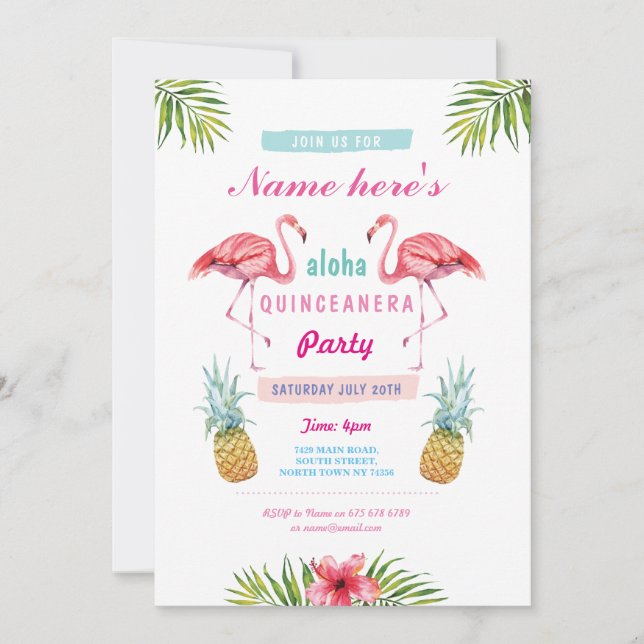 Aloha Flamingo Quinceanera Födelsedagsfest Inbjuda Inbjudningar (Framsida)