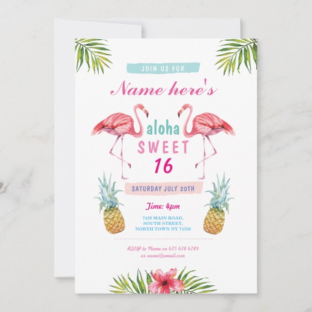Aloha Flamingo Sweet 16 16:e Födelsedagsfesten Inb Inbjudningar (Framsida)