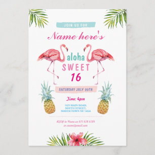 Aloha Flamingo Sweet 16 16:e Födelsedagsfesten Inb Inbjudningar