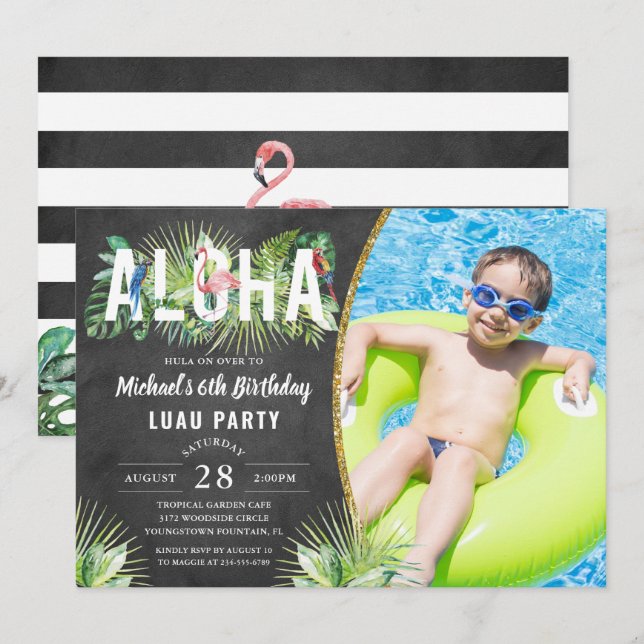 Aloha Flamingo Tropical Birds Luau Birthday Photo Inbjudningar (Fram/baksida)