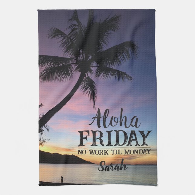 Aloha Fredag Hej Helg Hawaii Handflatan Sunset Kökshandduk (Vertikal)