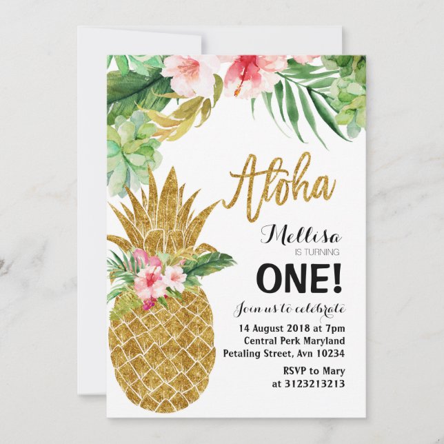 Aloha Guld ananas första födelsedag Inbjudningar (Framsida)