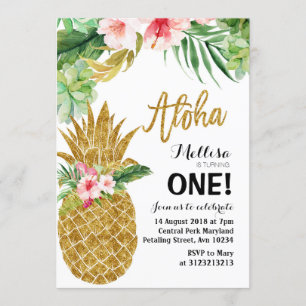 Aloha Guld ananas första födelsedag Inbjudningar