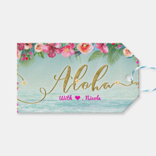 ALOHA Guld Tropisk Strand Hibiskus Blommig Förmån Presentetikett