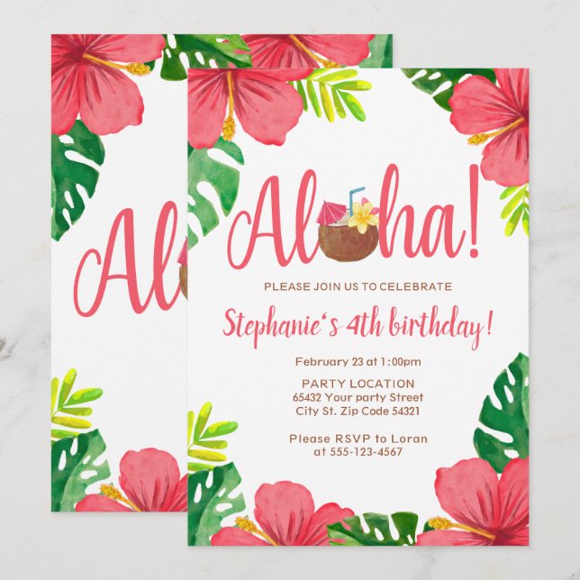 Aloha hawaiansk födelsedagsfest inbjudningar (Fram/baksida)