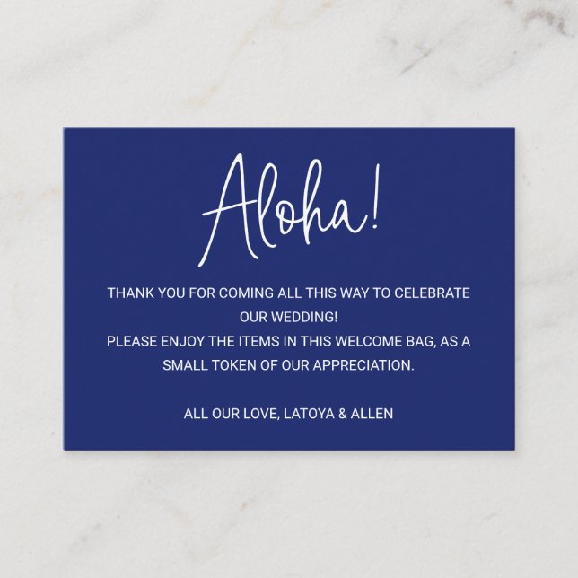 Aloha Hawaii Bröllop Blue Welcome Gift Bag Basket Placeringskort (Framsida)