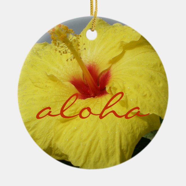 Aloha Hawaii gul hibiskus Julgransprydnad Keramik (Framsidan)