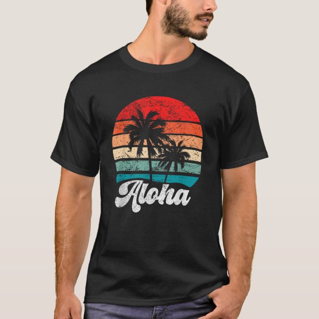 Aloha Hawaii Hawaii Handflatan Träd Beach Retro T Shirt (Framsida)