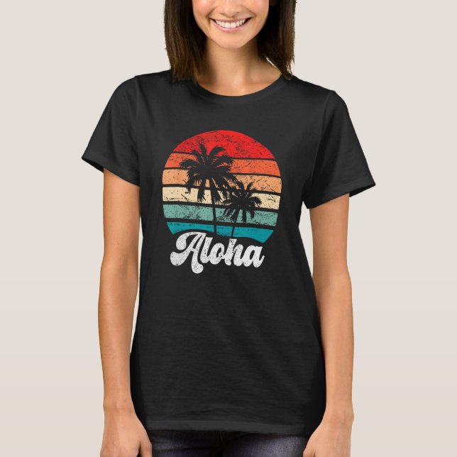 Aloha Hawaii Hawaiian Island Palm Tree Beach Retro T Shirt (Framsida)