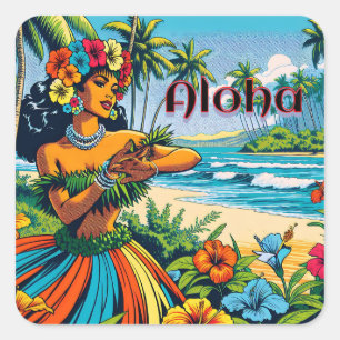 Aloha Hawaii Hula Dancer på stranden Fyrkantigt Klistermärke
