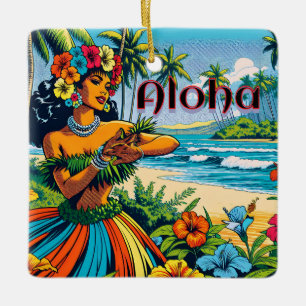 Aloha Hawaii Hula Dancer på stranden Julgransprydnad Keramik