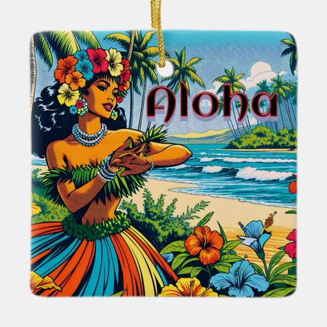 Aloha | Hawaii Hula Dancer på stranden Julgransprydnad Keramik (Framsida)