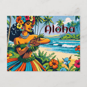 Aloha   Hawaii Hula Dancer på stranden Vykort