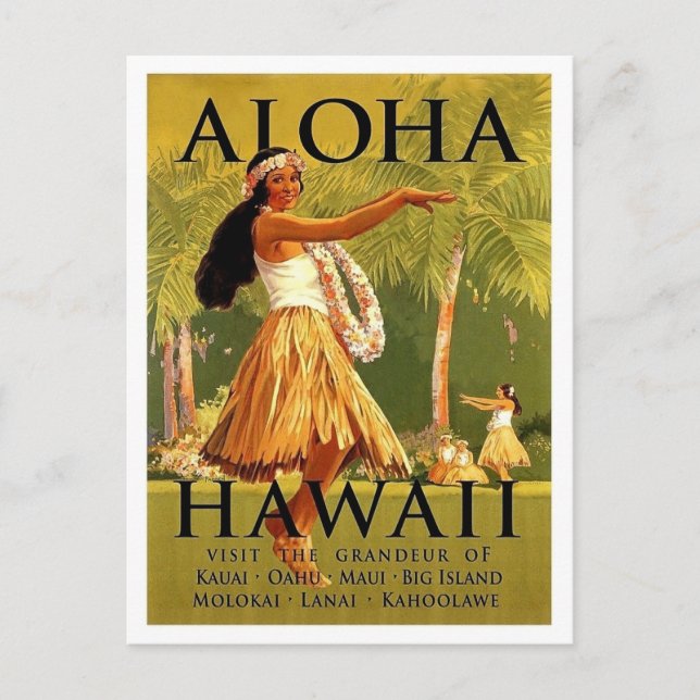 Aloha Hawaii, hula-flickdans, vintage resor Vykort (Framsida)