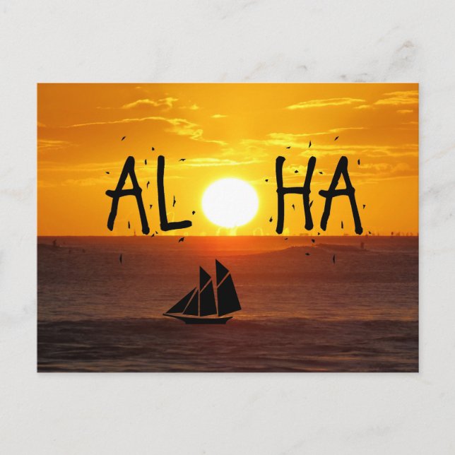 Aloha Hawaii Sunset Ocean Sailboat Vykort (Framsida)