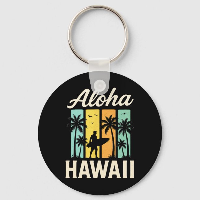 Aloha Hawaii - Surfande Strand Palmträd Solnedgång Nyckelring (Framsida)